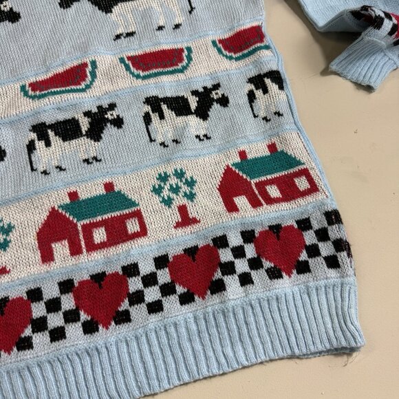 Vintage 80s Adele Boho Knit Sweater Cow Hearts Print Made In USA - Picture 4 of 9